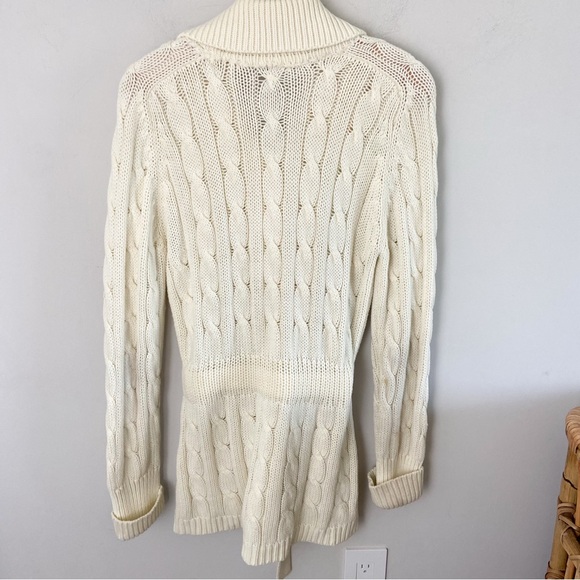 Vintage 1970s Hand Loomed Long Belted Cream Cable Knit Cardigan Sweater | Small - Picture 6 of 12